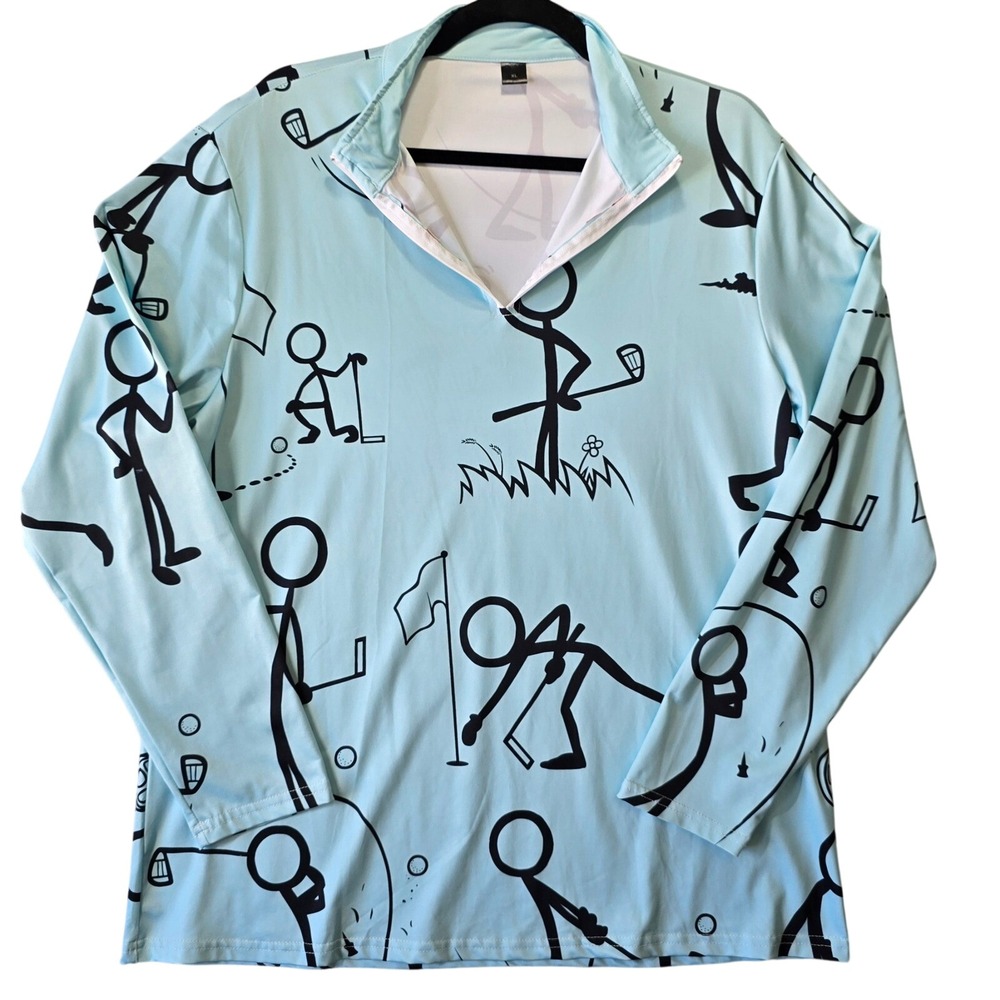 Womens XL Blue Stick Figure Golf Print Quarter Zip Pullover Shirt - FLAW